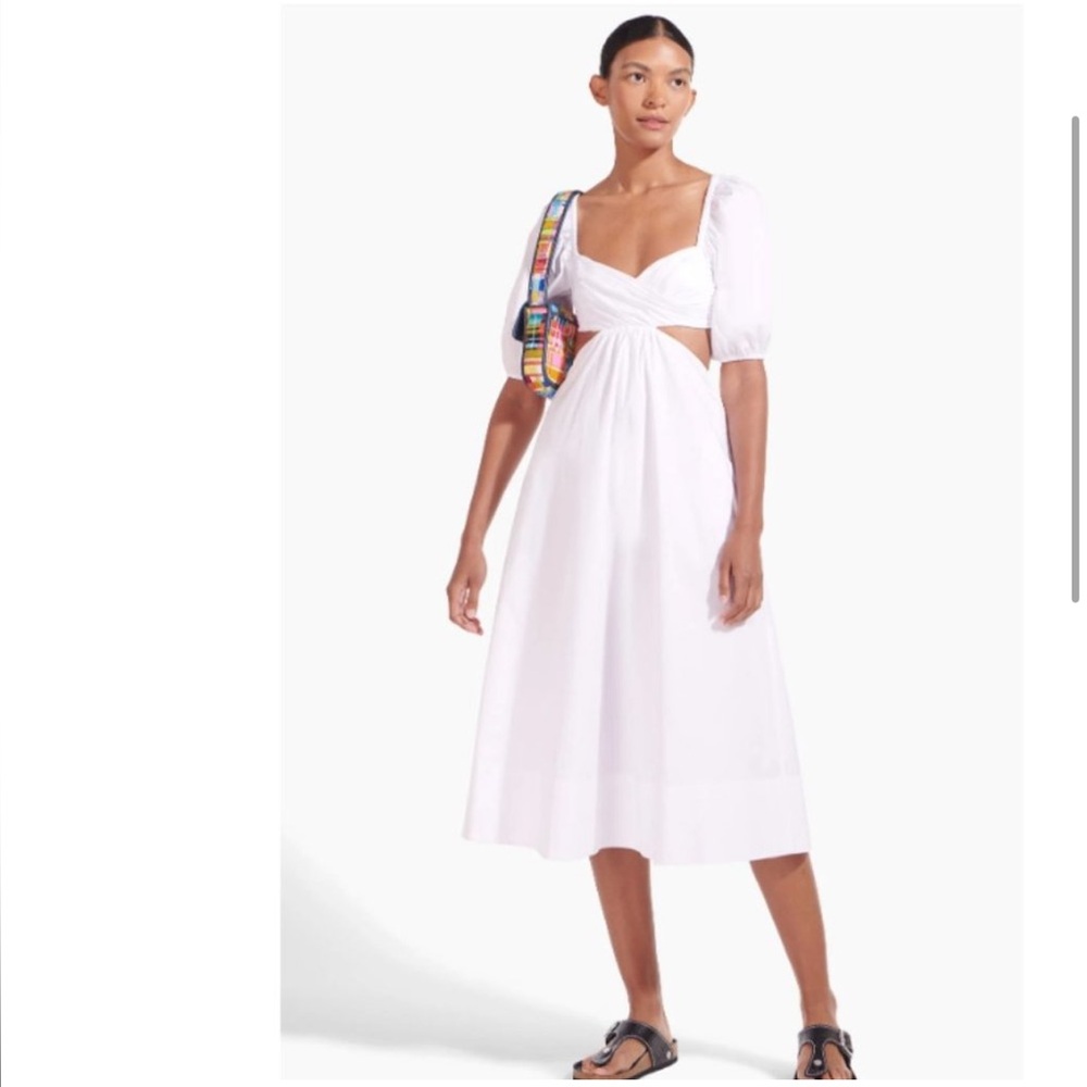STAUD White Puff-Sleeve Cutout Midi Dress